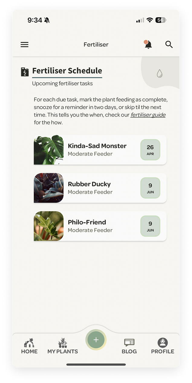 Fertiliser schedule of plants added to the Willow App