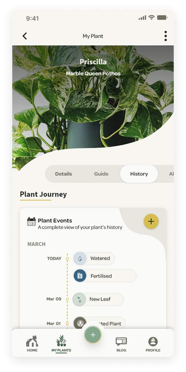 Willow App screenshot of a plants past events and milestones