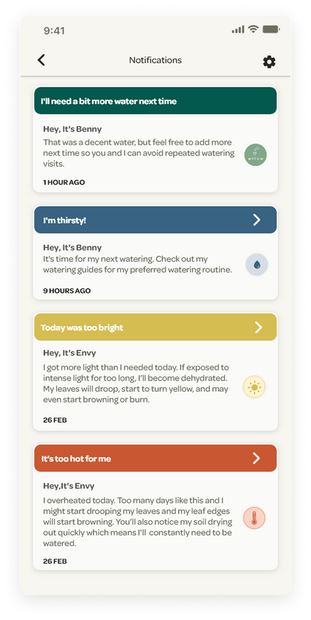 Willow App push notifications with care instructions for a users plants